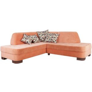 L-shaped sofa with 1 large cushion and 4 small statues